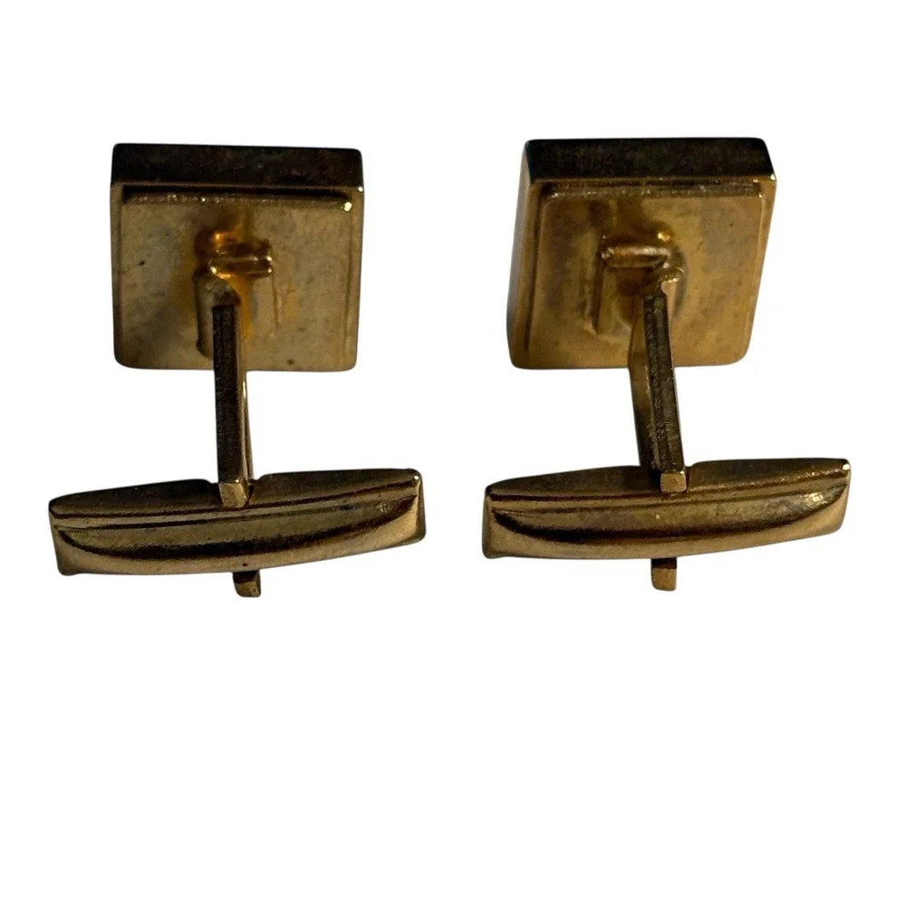 Vintage Cufflinks Roman Trojan Greek Soldier Gold Tone Black‎ Center Square